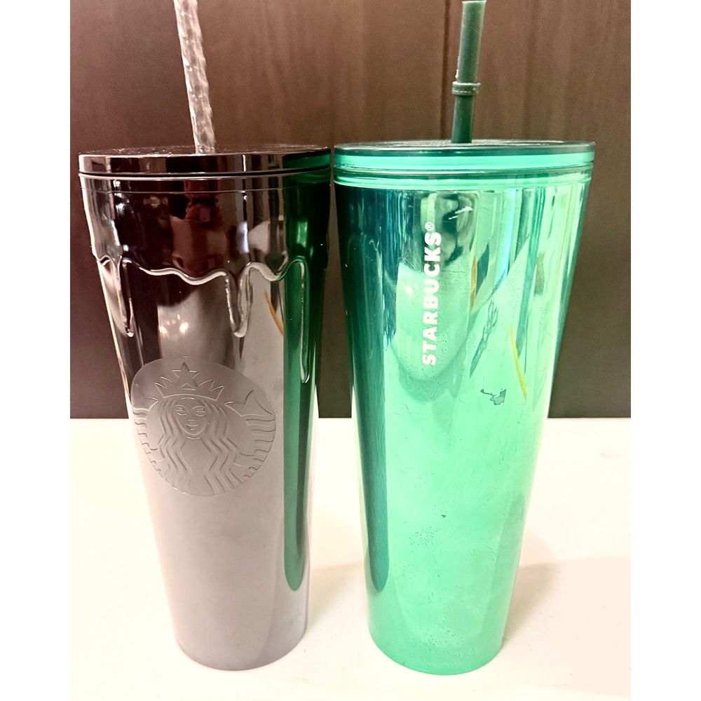 Starbucks Halloween Tumbler Lot 2 Black Drip Green Iridescent Cold Cups